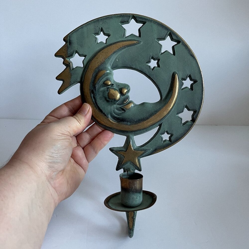 1990s Party Lite Celestial Teal Brass Moon Candle Wall Sconce Whimsy Goth